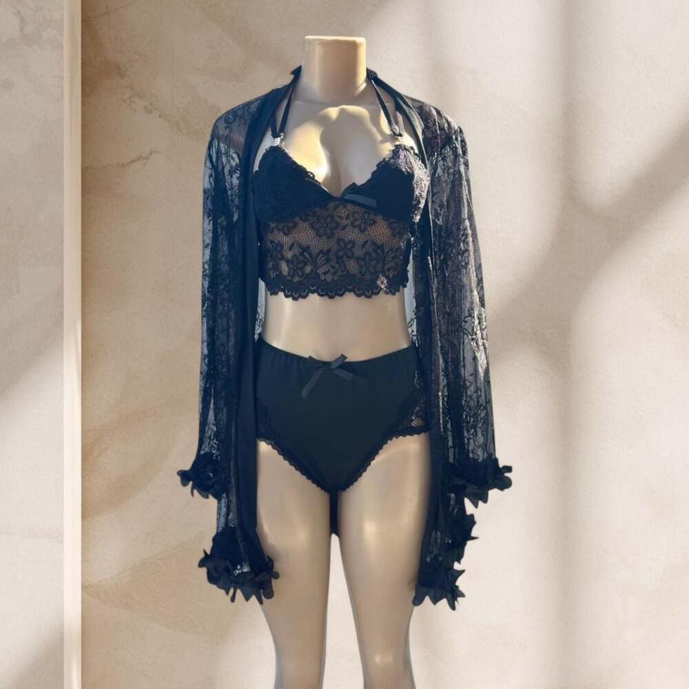 Black Lace Lingerie Set – Bralette, Panty & Sheer Robe 3 Piece Sexy Elegant ✧ M